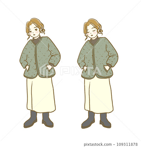 Illustration material: Autumn fashion woman 1 whole body facial expression set 109311878