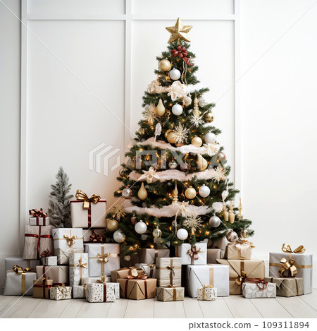 High Floor Christmas Tree and large pile of boxes with Christmas gifts. Christmas tree decor made of pine represents a New Year's home winter interior. High Floor Christmas Tree and large pile of boxes with Christmas gifts. Christmas tree decor made of pine represents a New Year's home winter interior. 109311894