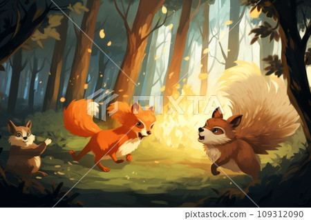 Forest animals fleeing from forest fire 109312090