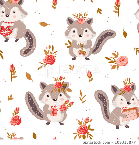 A whimsical illustration of a group of adorable cartoon chipmunks, each holding a brightly wrapped gift 109313877
