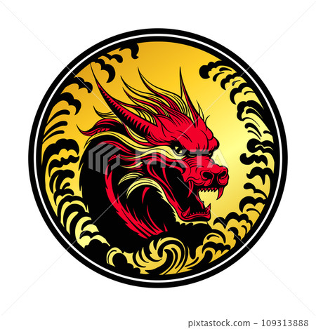 Red and golden Dragon scales collide in an emblem of power and grace, Dragon head vector black silhouette art. Red and golden Dragon scales collide in an emblem of power and grace, Dragon head vector black silhouette art. 109313888