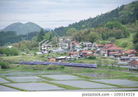 Limited Express Yakumo Series 381 (Super Yakumo Color) Hakubi Line Near Kamiiwami Paddy fields Limited Express Yakumo Series 381 (Super Yakumo Color) Hakubi Line Near Kamiiwami Paddy fields 109314319