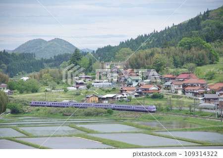Limited Express Yakumo Series 381 (Super Yakumo Color) Hakubi Line Near Kamiiwami Paddy fields Limited Express Yakumo Series 381 (Super Yakumo Color) Hakubi Line Near Kamiiwami Paddy fields 109314322