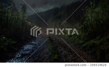 A muddy path through a dark foggy forest. A muddy path through a dark foggy forest. 109314628