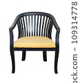 front view of wooden chair with yellow fabric seat isolated with clipping path 109314778