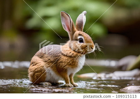 Rabbit stands alert with ears up 8 109315113