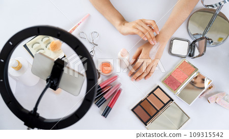 Close up top view image of beauty influencer shoot uttermost marketing video 109315542