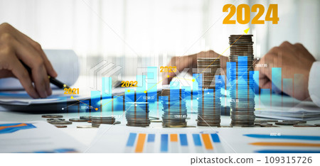 Growth coin stack symbolizing business investment in new year 2024. Shrewd 109315726