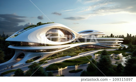 Futuristic sustainable complex office building for green economy comeliness 109315897