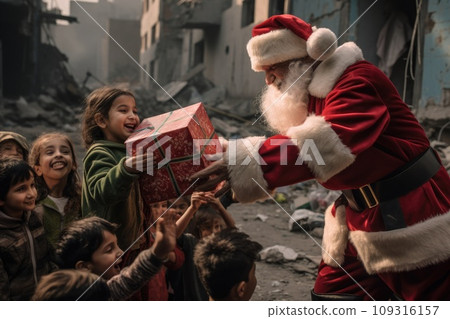 Santa Claus giving christmas gift to children with comeliness 109316157