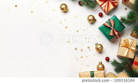 New Year banner with Christmas gift boxes and golden decorations. comeliness New Year banner with Christmas gift boxes and golden decorations. comeliness 109316164