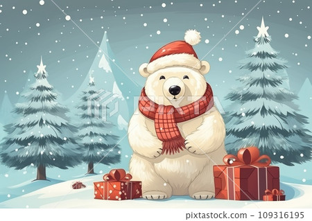 Happy polar bear in winter and christmas in north pole comeliness 109316195