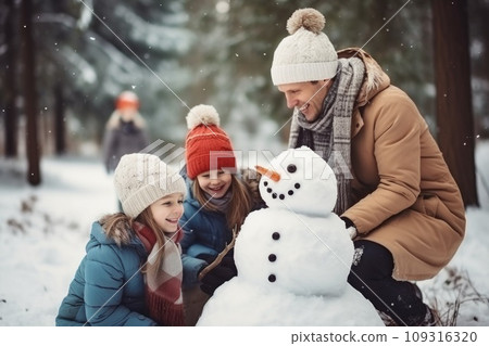 Happy father, mother and kids sculpting funny snowman comeliness Happy father, mother and kids sculpting funny snowman comeliness 109316320