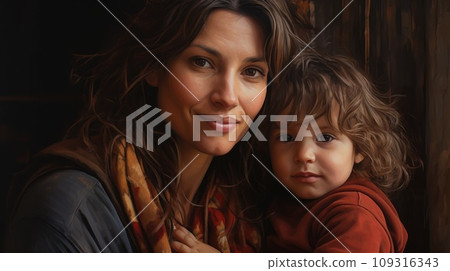 mother with child portrait looking at camera hug together showing comeliness 109316343