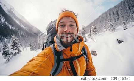 Traveler influencer taking selfie during travel in winter season comeliness Traveler influencer taking selfie during travel in winter season comeliness 109316351