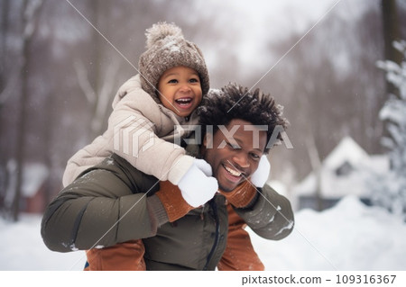 Happy family having fun while travel outdoor in winter comeliness 109316367