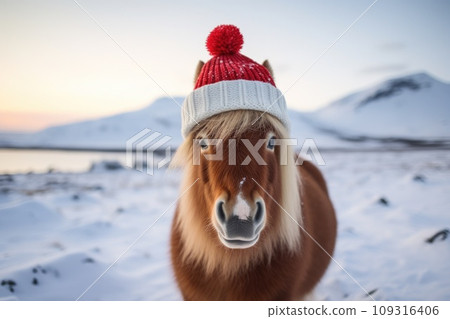 Funny horse dress in Christmas Santa hats standing on the snowy winter comeliness Funny horse dress in Christmas Santa hats standing on the snowy winter comeliness 109316406