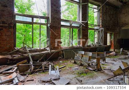 Devastation in former House of Culture in resettled village of Pogonnoye in exclusion zone of Chernobyl, Belarus Devastation in former House of Culture in resettled village of Pogonnoye in exclusion zone of Chernobyl, Belarus 109317334