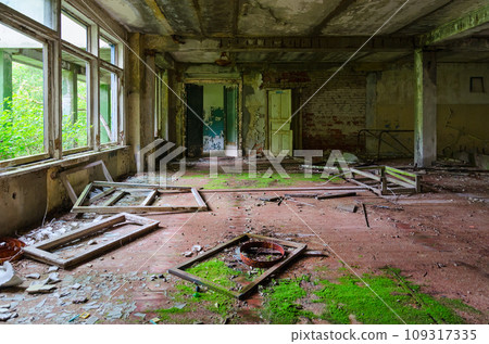 Hall of abandoned school in resettled village of Pogonnoe in exclusion zone of Chernobyl nuclear power plant, Belarus 109317335