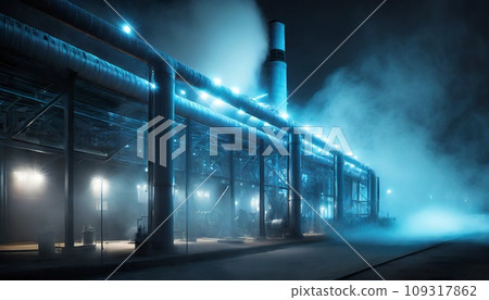 A factory at night with rising steam 109317862