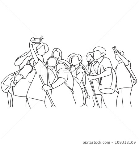 trekking people taking selfie picture together illustration vector hand drawn isolated on white background 109318109