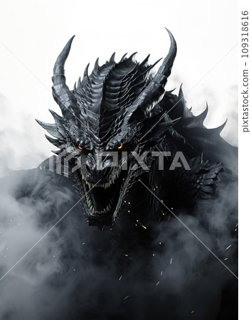 Image of a drargon and black smoke on white background. Mythical creatures. Animal. Image of a drargon and black smoke on white background. Mythical creatures. Animal. 109318616