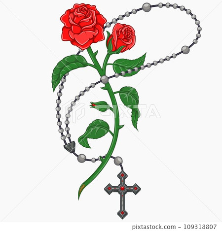 Catholic rosary with roses and petals 109318807