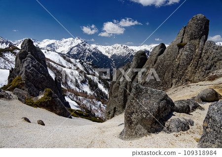 Yarigatake with remaining snow seen from the Tsubadake ridgeline in the Northern Alps with its forest of strangely shaped rocks 109318984