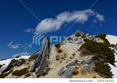 Scenery of Mt. Tsubaku in the Northern Alps with remaining snow 109319282