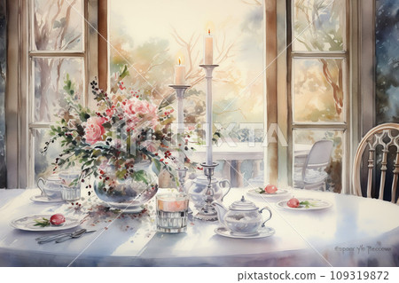 Watercolor painting of a holiday dining table set with vintage china, surrounded by winter foliage, antique style Christmas centerpieces Watercolor painting of a holiday dining table set with vintage china, surrounded by winter foliage, antique style Christmas centerpieces 109319872
