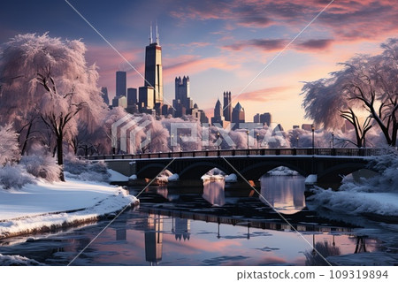 Winter Chicago city skyline, urban winter wonderland, Snow-covered trees in city parks Winter Chicago city skyline, urban winter wonderland, Snow-covered trees in city parks 109319894