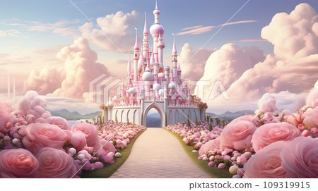 A fabulous pink castle with a path of lush flowers and cotton candy clouds 109319915