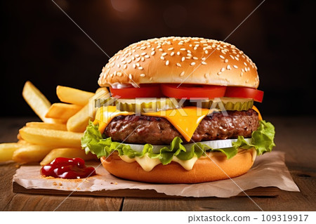Delicious fresh tasty burger and french fries on wooden table 109319917