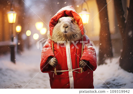 Capybara dressed as Santa Claus walks through a snowy city Capybara dressed as Santa Claus walks through a snowy city 109319942