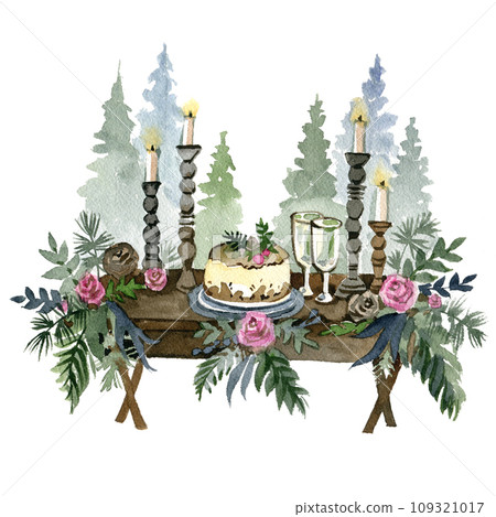 Watercolor sketch of Christmas table with winter decor. Winter wedding clipart. New year Hand drawn illustration Watercolor sketch of Christmas table with winter decor. Winter wedding clipart. New year Hand drawn illustration 109321017