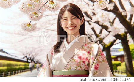 穿著和服的女人對著一排櫻花樹微笑 109321325