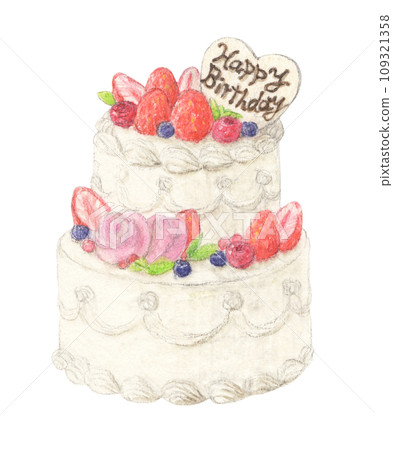 兩層生日蛋糕水彩鉛筆蛋糕插畫 109321358