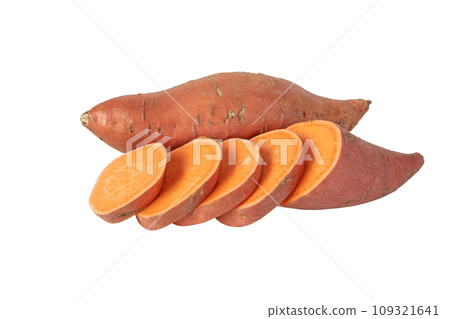 Sweet potato or boniato whole and sliced tubes isolated on white 109321641