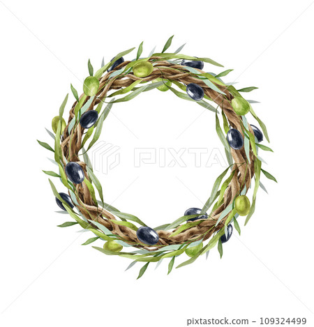 Olive branch round wreath watercolor illustration. Hand drawn olive twig, leaf, berry, vine wreath decoration. Elegant round frame with green leaves and olives decor. Isolated on white background 109324499