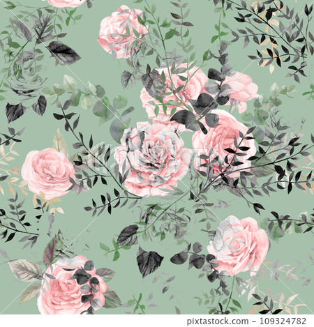 Watercolor vintage seamless pattern with pink roses and leaves for summer textiles of women is dresses  109324782