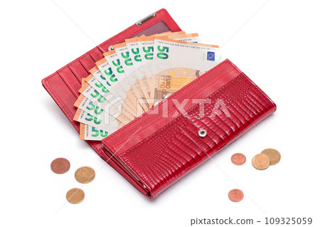 Opened Red Women Purse with 50 Euro Banknotes Inside and Scattered Euro Cent Coins 109325059