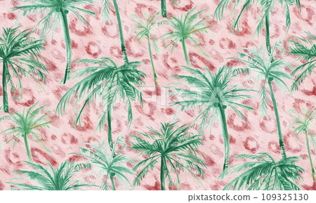 Seamless watercolor pattern with palm trees and leopard 109325130