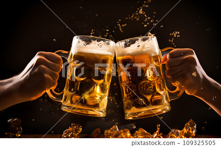 Two glasses of beer in cheers gesture, splashing out. Isolated on black background. 109325505