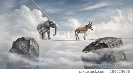 elephant and donkey walking on rope, concept of Bravery vs. Cowardice 109325696