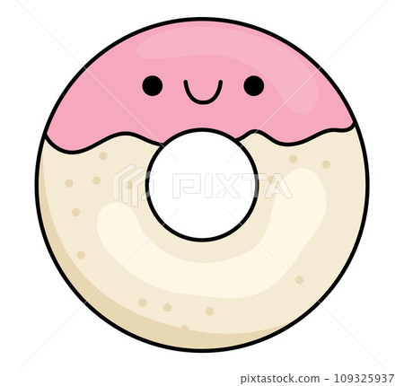 Vector cartoon kawaii donut icon with icing. Dessert clipart. Cute doughnut illustration. Funny icon for kids with sweet food concept Vector cartoon kawaii donut icon with icing. Dessert clipart. Cute doughnut illustration. Funny icon for kids with sweet food concept 109325937
