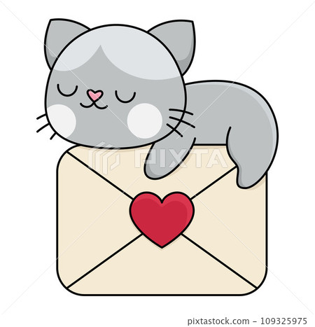 Vector cartoon kawaii cat sleeping on envelope with heart. Kitty isolated clipart. Cute kitten colored outlined illustration. Funny Saint Valentine day icon for kids with love mail concept 109325975