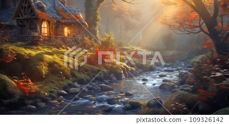 A small fairy tale house in dark fantasy autumn forest, miniature woodland cottage made by gnomes and trolls A small fairy tale house in dark fantasy autumn forest, miniature woodland cottage made by gnomes and trolls 109326142