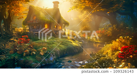 A small fairy tale house in dark fantasy autumn forest, miniature woodland cottage made by gnomes and trolls A small fairy tale house in dark fantasy autumn forest, miniature woodland cottage made by gnomes and trolls 109326143