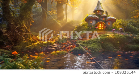 A small fairy tale house in dark fantasy autumn forest, miniature woodland cottage made by gnomes and trolls A small fairy tale house in dark fantasy autumn forest, miniature woodland cottage made by gnomes and trolls 109326144