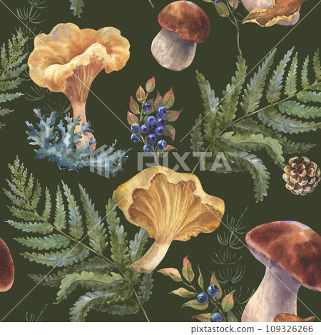 Seamless pattern, Forest edible mushrooms boletus and chanterelles with blueberries, lingonberries, autumn leaves, twigs and flower. Watercolor illustration, hand drawn. on a green background. 109326266